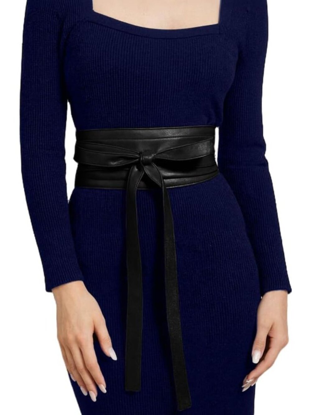 Elegant Faux Leather Obi Belt for Women - Solid Color Wide Waistband Tie Knot